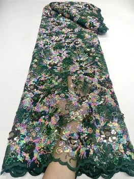 Модни Зелената Африканска Лейси Мрежа от мъниста, платове с пайети за 2023, дамски официални рокли, Бродерия в Нигерия стил, Тъкани 5 ярда J7112