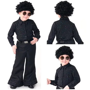 Детски костюм за дискотеки в ретро стил 70-те години, Бебешки дрехи за Cosplay на Певицата с пайети, Перука за момчета, риза, Панталони, Костюми за Хелоуин, Кралят костюм