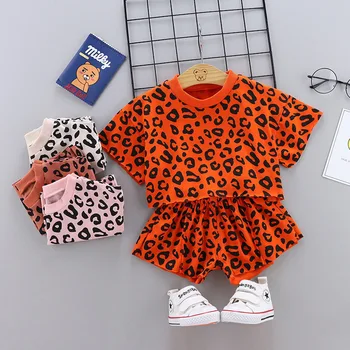 Сладък Комплект Памучни тениски и шорти с леопардовым принтом за момчета и момичета, Летни Спортни комплекти от 2 теми за новородено, Комплект дрехи за малките момичета