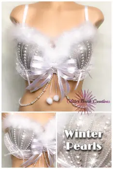 Сутиен Winter Wonderland Rave/Бял празничен топ с перли/Коледен cosplay/Празничен костюм със сребърни звънчета/Изкуствена кожа и блясък
