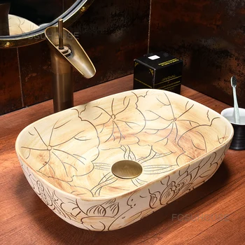 Китайски мивка е Ръчна изработка с дърворезба във формата на лотос, Керамични мивки за баня, Мивки за банята в един дом, Креативни кухненски мивки U
