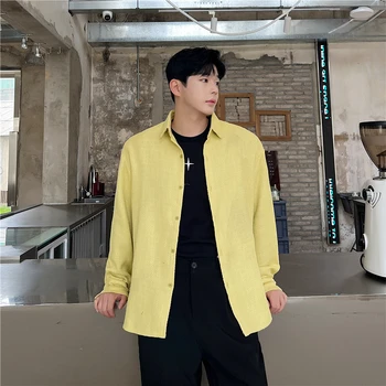 Есен 2023, корейски стил, обикновена жълти ризи, мъжки ежедневни свободни ризи Wild за мъже, размер M-XL