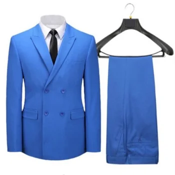 Сини комплекти блейзеров, сватбени костюми за мъже, Оборудвана Двубортный мъжки яке, Луксозна официалната дрехи, бизнес облекло, 2 броя, Новост
