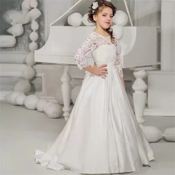 Бяло Атласное Дантелено Сватбена рокля с аппликацией и Елегантен цвете, рокля за първия Евхаристического ден, раждане на дете, подарък за момичета