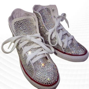 Тенденция бяла парусиновая обувки с пълна диамантен пръстен, популярни удобни ежедневни маратонки
