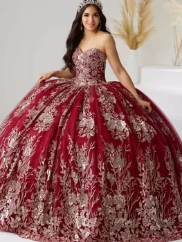Луксозно Бордовое Пищни рокля с отворен гръб в стил Милитари 2023, Вечерна рокля на Принцеса С кружевными апликации и отворени рамене, За 16 Години