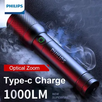 Фенерче Philips с оптично увеличение, Ръчен Фенер с 4 режима на осветление, която се презарежда чрез USB C за самозащита в къмпинг
