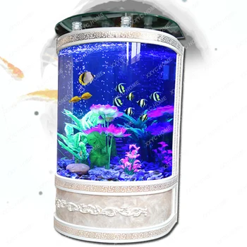 С полукръгла аквариум за риби в хола, домашен стъклен аквариум в стената, еко гърне за дребни смяна на водата
