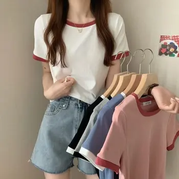 В контрастен цвят тениска с кръгло деколте и къси ръкави, дамски лятна долна риза 2023 година, корейската версия slim short students