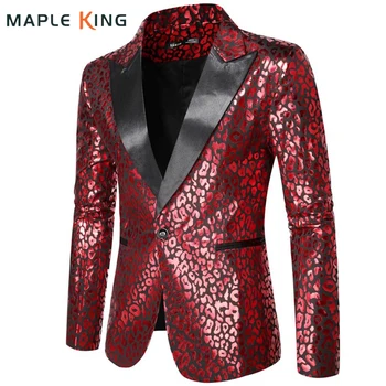Мъжки костюм в стил steampunk, Висококачествено вечерна рокля с червен леопардовым бронзов принтом за нощен клуб, Сценична облекло за певци, мъжко сако Masculino