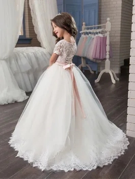 Бяло Трапециевидное фатиновое рокля в пода с къс ръкав за момичета в цветенце, рокля на Принцеса, рокля за сватбени партита, Детско рокля за Първо Причастие