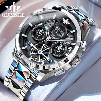 OUPINKE Нови Автоматични механични ръчни часовници за мъже с 3D Скелетонирующим циферблат, каишка от вольфрамовой стомана, Луксозни и оригинални часовници за бизнес човек