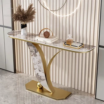 Луксозен шиферный конзола маса с полукръгла изглед с челото, Маса за хол, Модерен шкаф за антре, мебели за дома B