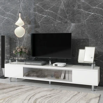 Елегантна Дизайнерска поставка за телевизор със сребрист цвят с метални крака за телевизор диагонал до 70 инча, Модерна медия конзола с плъзгащ се стъклен като за хол