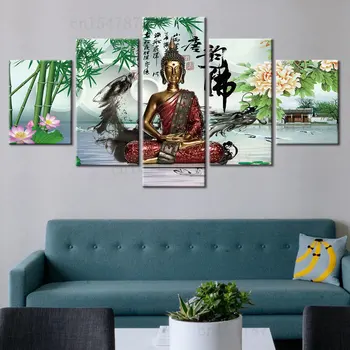 5 Панели с принтом Дзен Божур Бамбук Платно Изкуство, Религия Буда Картини Начало декор Плакати за Декорация на стаята Козметична стена с HD Принтом