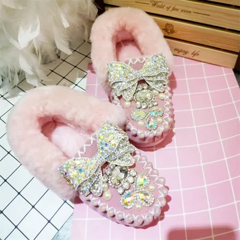 Ботуши на равна подметка с обемен лък ръчна изработка, изработени по поръчка, перлено-розови с пайети, кожени зимни обувки, дамски обувки голям размер
