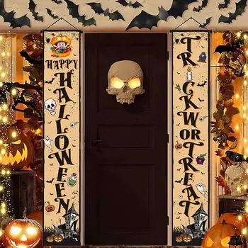 Празнична украса за парти в чест на Хелоуин, Грозни банери на вратата на Хелоуин, от духове Къща, надписи на предната веранда с шарките на тикви за трикове или предложения