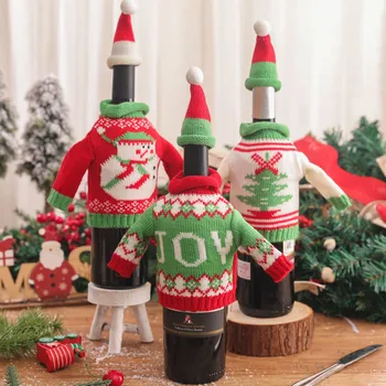 Коледна Коледна капачка за бутилка вино, Вязаный пуловер, Шапка, Коледно парти, Декорация на обедната маса, Дядо Коледа, декорации за бутилки шампанско