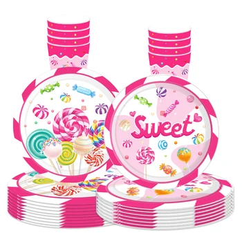 8 Гости Розовата прибори за Еднократна употреба за Близалки, Сладки Бонбони, Хартиени Чинии, Салфетка, на тема 