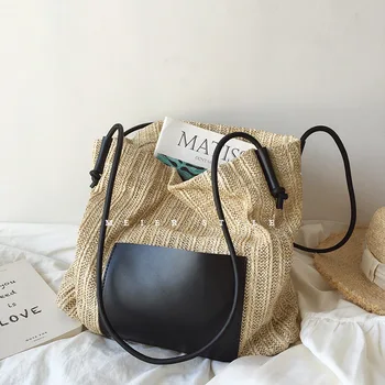 Летни чанти от растителни тъкани, дамски модни проста чанта Ins в ретро стил, Плажна чанта за отдих, Голям капацитет, Ежедневни универсална чанта