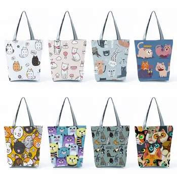 Чанта за пазаруване с шарките на Анимационни животни, Красиви Чанти с принтом Котка от Аниме, Женски офис чанти-тоут, Ежедневна Пътна Плажна чанта с Голям капацитет