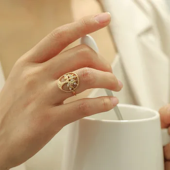 Нови модни пръстени с позлатените Дърво на живота от неръждаема стомана за жени, Кристални Пръстени за Младоженци, Годежни пръстени за партита, Открити пръстени за пръстите