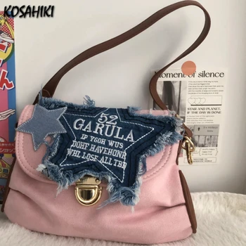 Y2k Эстетичная Реколта чанта през рамо в стил Харадзюку в стил мозайка с бродерия букви звезди, дамски чанти през рамо с контрастиращ цвят