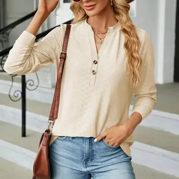 Дамска блуза с дълъг ръкав, отгоре с жаккардовым декор, Стилен женски пуловер с V-образно деколте, мек дишащ средна дължина за есента /пролетта