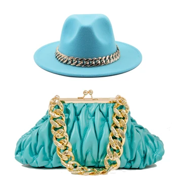 2023, Нов модерен комплект от чанти, дамски британска вълна джаз фетровая шапка със златна верига, дамски градинска облекло за фестивала, на църковната партита