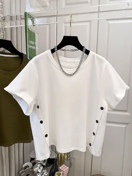 Ретро дизайн с къс ръкав и копчета, Корейската мода, американски ежедневни луксозни тениски за момичета, Къси потници в сгъвката на високо качество