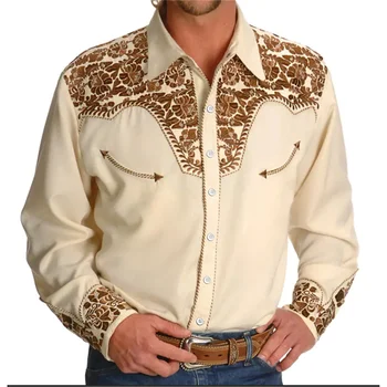2023 Нова Мъжки Однобортная риза с дълъг ръкав и ревери в западен стил с принтом, Ежедневни облекла за светска мъжки клуб с 3D печат, Облекло
