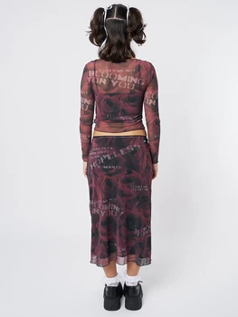 Жена комплект прагове с флорални писмото принтом, съкратен топ с кръгло деколте и ниска талия, дълга пола, есен облекло