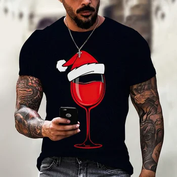 Коледни Шапки, тениски с Принтом във формата на Чаша Вино, Мъжки, Бели, Черни Тениски, Коледни Подаръци, Блузи с къс ръкав, с Модерна Риза в стил Харадзюку на Нова Година