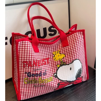 Скъпа холщовая чанта в клетка със Снупи, дамска ръчна чанта за пазаруване, чанта-тоут на рамото, чанта-тоут с шарките на Kawai, чанта през рамо