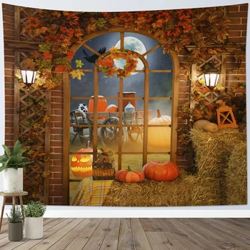 Есента Гоблен, виси на стената в селски стил Есенна тиква＆ Кленови листа, на Гоблени, на Деня на Благодарността, Пълна Луна с Овца, стенно одеяло на Хелоуин