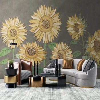 Обичай 3D снимка в Скандинавските Прости Растителни тапети с цветя Слънчоглед за спални, хол, телевизор, диван, текстилни тапети