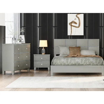 3 предмет, спални слушалки цвят шампанско и сребро, двойно легло + нощно шкафче + скрин, лесно монтируемые за мебели за спалня на закрито