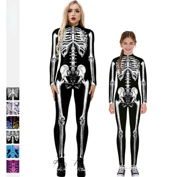 Гащеризон за Хелоуин с принтом Скелета, Празничен Cosplay, Гащеризон с дълъг ръкав, семеен гащеризон, Секси боди за жени и деца