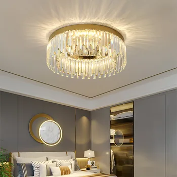 Модерен и луксозен кристален led тавана лампа за спални, хол, трапезария, Изчистен Златна лампа за домашен интериор от неръждаема стомана, блясък