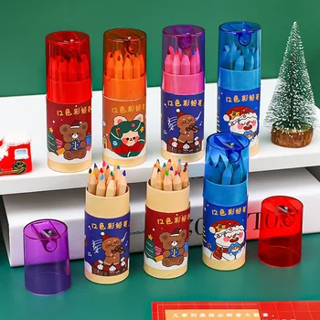 12 цветни моливи за рисуване, Cartoony Коледен молив за начално училище, Коледен подарък туба, Комплект цветни моливи, подарък за рожден ден