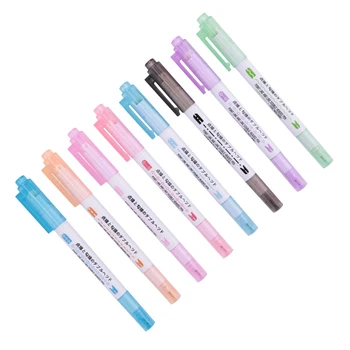 Набор от криви дръжки от 8 теми, линейни цветни химикалки с двоен фитил за ежедневника, гел химикалки-другари, Гел химикалки 8 цвята