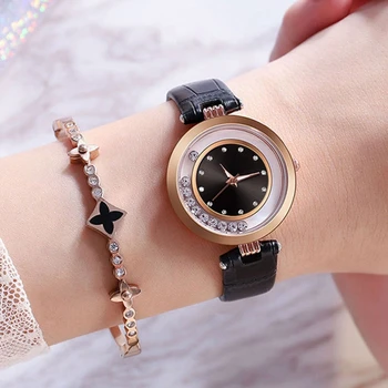 Sdotter Mode Frauen Lederband Kleid Uhr Damen Armband Quarz Armbanduhr Luxus Gold Schwarz Gürtel Kristall Zifferblatt Beiläufige