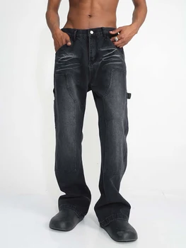 Мъжки Дънки от чист памук в Корейски стил, Тъмни выстиранные дънкови панталони с права тръба, Улични мъжки ежедневни панталони