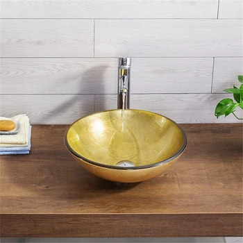 Златен Мивка за баня, облицована с Мрамор Маса, Смесител за мивка, изработени от закалено Стъкло, Месинг Водопадный кран
