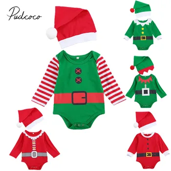 2 Предмета, Коледни костюми за бебета, гащеризон с дълъг ръкав и кръгло деколте с принтом + капачка с помпоном, Облекло на Дядо Коледа