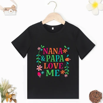 Черни Детски тениски с писмото принтом Nana & Papa Love Me, Летен Всекидневен Стил, Y2K, Високо Качество, Къс ръкав, О-Образно Деколте, Свободни Детски Блузи