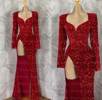 Приказно Абитуриентски рокли с червени пайети, Дълги ръкави, Секси вечерна рокля с висока цепка, Женствена рокля за специални случаи 2023, Vestido De N