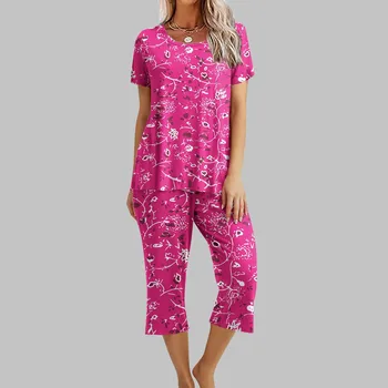 Пижами За жени, комплект, Пижами-Капри с къс ръкав, Дамски Мека Удобна лятна пижама, комплект с джобове, Брючный костюм