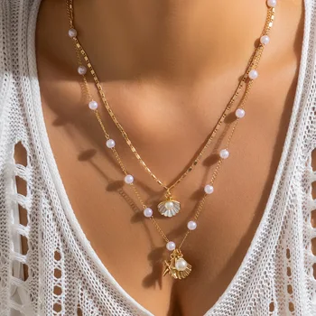 Многопластова верига от изкуствени перли с отложено във формата на морска звезда/миди, колие за жени, Модни Женски накити на врата, модни аксесоари