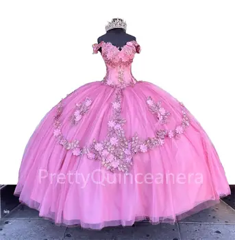 Ярко розови Буйни Фатиновые Буйни рокля с открити рамене, Бродирани с пайети, Апликации от 3D Цветове, Бална Рокля Vestido 15 Quinceañera